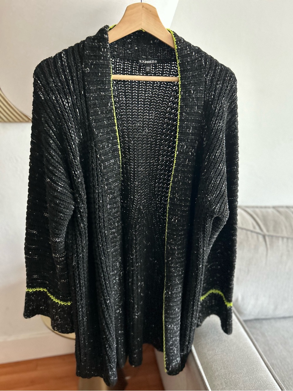 Express Oversized Chunky Ribbed Knit Cardigan Sweater Black Neon Yellow M/L
